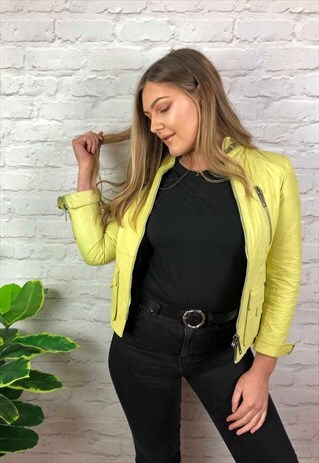 VINTAGE 90S BURBERRY LEATHER JACKET LEMON YELLOW UK 6