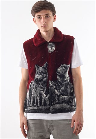 VINTAGE WOLF PRINTED VEST GILET 90S RED