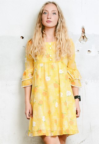 VINTAGE 60S FLORAL YELLOW HIPPIE DRESS