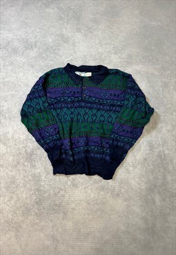 Vintage Abstract Knitted Jumper 1/4 Button Patterned Sweater