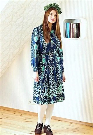 NAVY AND GREEN FLORAL SHIRT STYLE BELTED VINTAGE DRESS