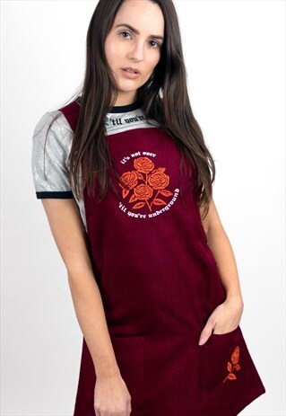 'OPTIMIST' ROSE EMBROIDERY BURGUNDY CORDUROY PINAFORE DRESS