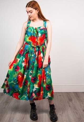 VINTAGE 90'S MULTICOLOUR FLORAL MIDI DRESS