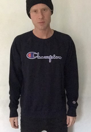 VINTAGE CHAMPION CREW NECK SWEATSHIRT JUMPER BLACK L 12