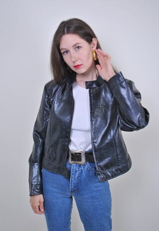 90S FAUX LEATHER PARTY JACKET, BLACK SPRING BIKER JACKET