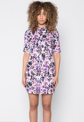 PURPLE RETRO ROSE PRINT SHIRT DRESS