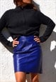 Vintage blue genuine leather high waist pencil skirt