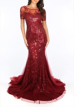 Sequin & Mesh Maxi Dress In Red