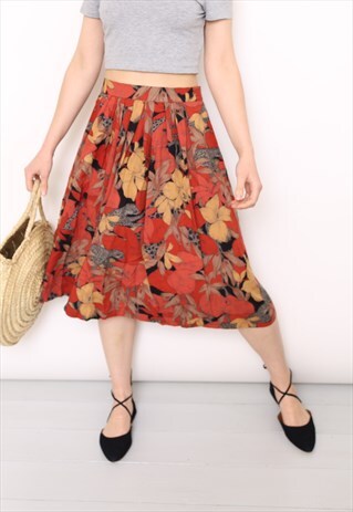 VINTAGE 90S ORANGE LEAF PRINT MIDI SKIRT