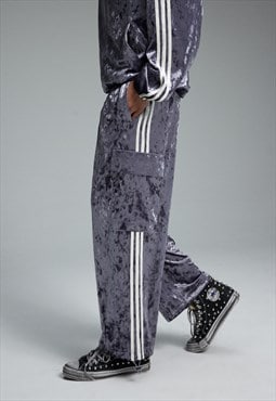 Velour joggers metallic trousers striped track pants silver