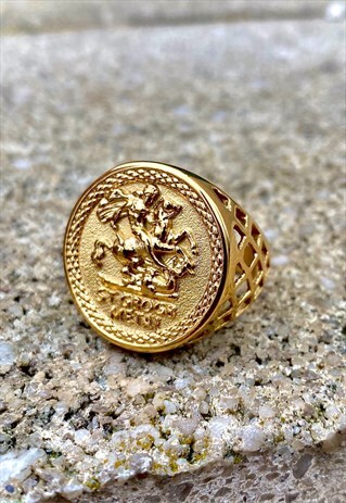 MENS GOLD ST GEORGE RING SIGNET SOVEREIGN - JEWELRY GIFT