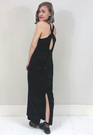 VINTAGE 90'S BLACK GLITTERY VELVET CROSSOVER BACK MAXI DRESS