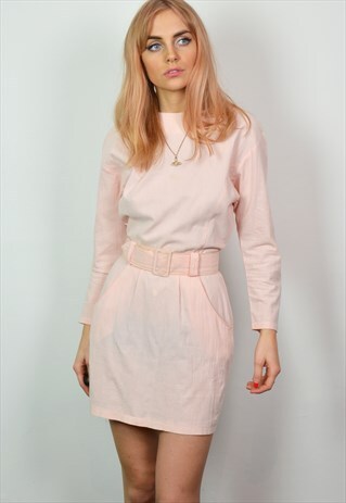 VINTAGE PASTEL PINK LONG SLEEVE BELTED MINI DRESS