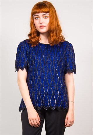 VINTAGE 90'S BLUE BEADED PATTERN EVENING TOP