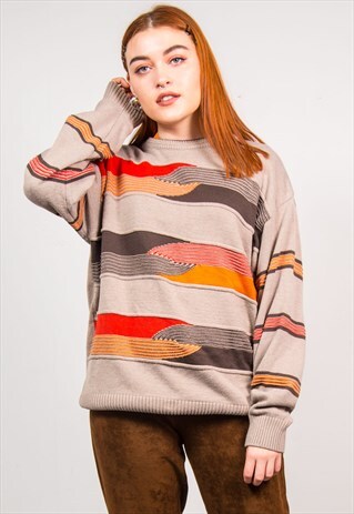 VINTAGE 90'S BROWN & ORANGE OVERSIZED GRANDAD KNIT JUMPER
