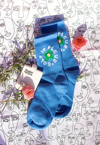 Blue Floral Circle Text Skater Style Socks