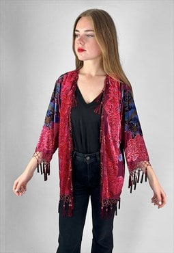 Vintage Style Kimono Burgundy Tassel Fringed Floral Velvet 