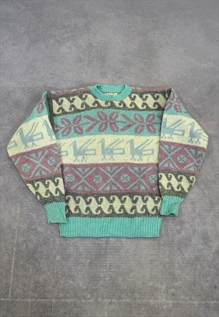 VINTAGE KNITTED JUMPER ABSTRACT DUCK PATTERNED KNIT SWEATER