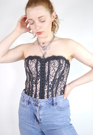 VINTAGE Y2K 90S BLACK WHITE LACE CORSET TOP