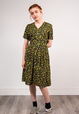 VINTAGE 90'S BRIGHT FLORAL PATTERN SUMMER MIDI DRESS