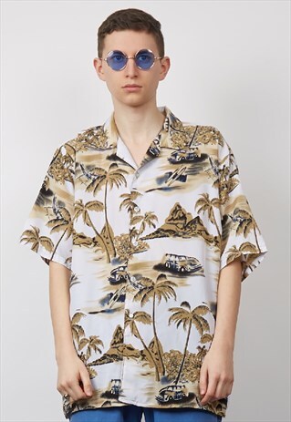 VINTAGE 90'S WHITE PALM PRINT HAWAIIAN SHIRT