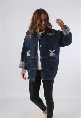 VINTAGE DENIM JACKET RABBIT EMBROIDERED UK S 10 (93M)