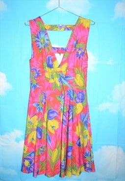 Vintage 80's Bright Pink Floral V Neck Summer Dress