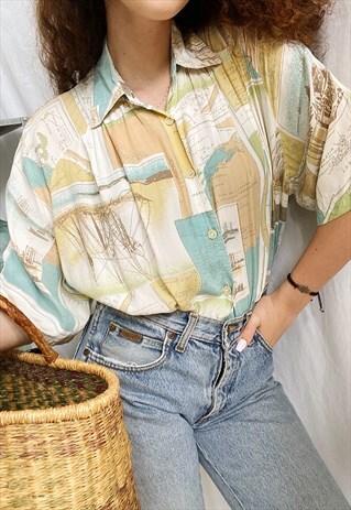 VINTAGE 80S TRAVEL MAP SHIPS PRINT HAUTE BOHEME BLOUSE TOP