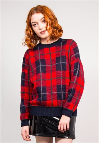 VINTAGE 90'S RED TARTAN PATTERN KNIT JUMPER