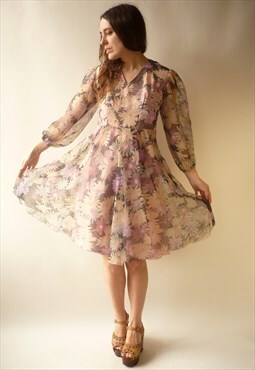 1970's Vintage Bohemian Chiffon Floral Puff Sleeve Dress