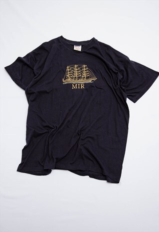 VINTAGE 90S NAVY BLUE MIR GOLD SHORT SLEEVE COTTON SHIRT XL