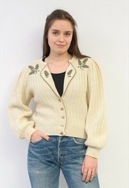 Vintage Women's M Cardigan Sweater Wool Jacket Embroidery