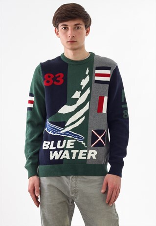 VINTAGE NAUTICA N-83 SAILING SWEATER GREEN GREY KNITTED