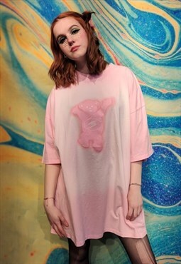Teddy bear t-shirt tie-dye animal top graffiti tee in pink