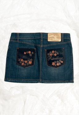 Vintage Y2K Denim Mini Skirt in Blue with Embroidered Bee