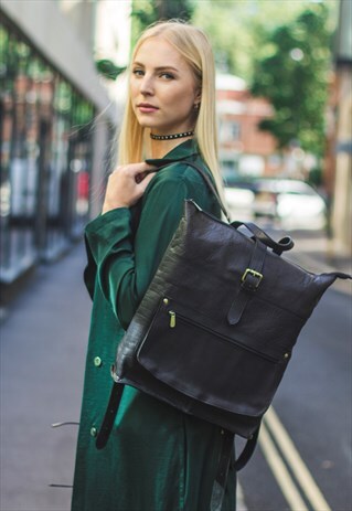BLACK LEATHER WORK LAPTOP BACKPACK