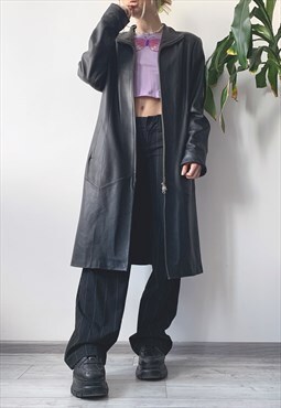 Vintage 90's Unisex Oversized Spring Black Leather Midi Coat