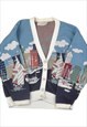 Vintage Knitted Cardigan Retro Sailing Boat Print Ladies S