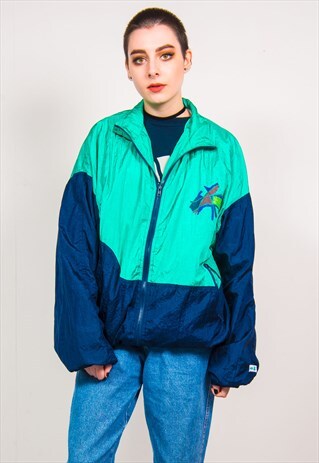 VINTAGE 90'S GREEN & NAVY OVERSIZED SHELL TRACKSUIT JACKET