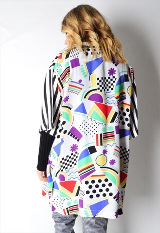 VINTAGE 80S COLOURFUL SHAPE STRIPED SHORT SLEEVE SHIRT