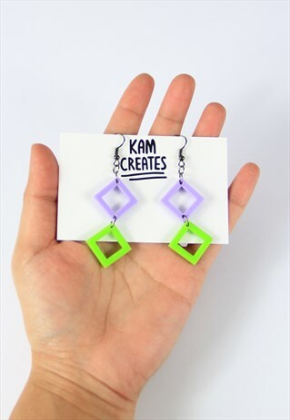 80S STYLE ACRYLIC SQUARE EARRINGS IN LIME GREEN AND PURPLE