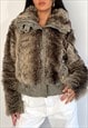 VINTAGE 00S Y2K BROWN FAUX FUR COSY FULL ZIP COAT