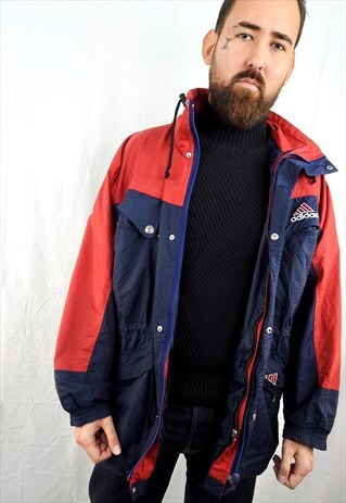 VINTAGE BLUE & RED HOODED WINDBREAKER