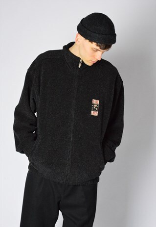 VINTAGE 90S GREY EMBROIDERED GRUNGE ZIPPER FLEECE