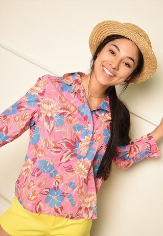 VINTAGE 70S FESTIVAL BLOUSE TUNIC SHIRT IN PINK FLORAL PRINT