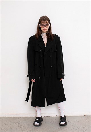 VINTAGE TRENCH COAT BLACK LONG BELTED DOUBLE BREASTED SOLID