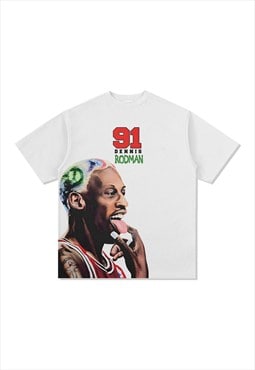 White Dennis Rodman Graphic Cotton Fans T shirt tee