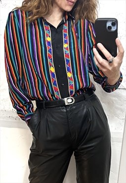 80s Colorful Rainbow Printed Shirt / Blouse - M