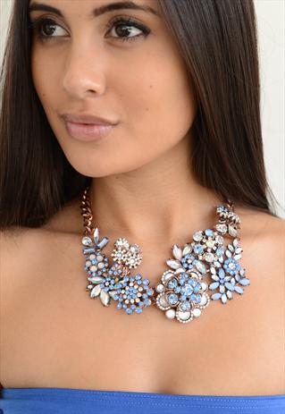 NEW BLUE & WHITE FLOWER DIAMANTE CHUNKY NECKLACE