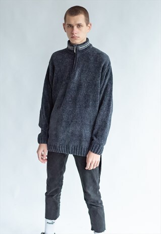 VINTAGE 90S VELVET LIKE HALF ZIP JUMPER IN BLUE